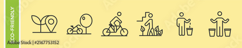 Eco Friendly Green Lifestyle Sustainable Living Vector Icon Set, Cycling Bike Walking Nature Waste Sorting Recycling Bin Linear Outline Symbols, Environmental Clean Mobility Line Art Collection.