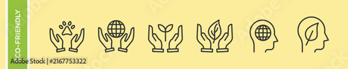 Eco Friendly Environmental Protection Animal Welfare Vector Icon Set, Hands Holding Paw Earth Globe Plant Sprout Leaf Head Mind Linear Outline Symbols, Green Ecology Conservation Line Art Collection.