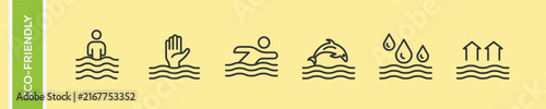Eco Friendly Water Hazard Flood Swimming Marine Life Vector Icon Set, Drowning Rescue Dolphin Rain Drops Submerged House Linear Outline Symbols, Climate Change Sea Level Line Art Collection.