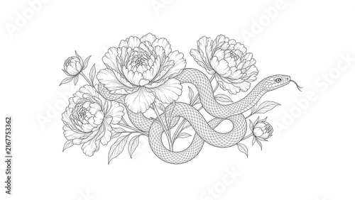 Detailed black and white line art illustration of snake entwined with peonies on blank background for tattoo design inspiration and botanical artistic reference