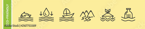 Eco Friendly Water Marine Conservation Nature Vector Icon Set, Ocean River Mountain Clean Ecology Plastic Pollution Linear Outline Symbols, Environmental Protection Line Art Graphics Collection.