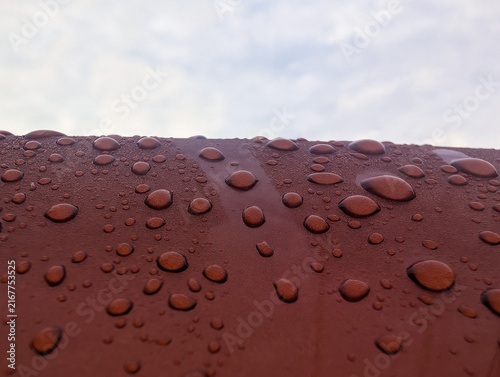 Fotografie Rain Drops Beading on a Reddish Brown Surface beneath a Soft Cloudy Sky