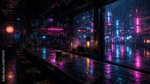 Cyberpunk digital urban artwork capturing a dimly lit city street reflected in rain-soaked bar interior with neon lights and atmospheric ambiance for futuristic storytelling and design inspiration