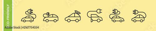 Electric car and eco friendly vehicle vector icons set with green ev charging, plug-in automobile, and zero emission transport symbols