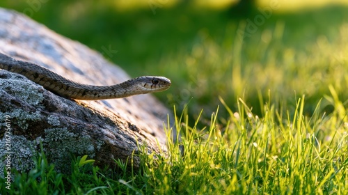 A slender snake emerging from a sunlit rock into vibrant green grass during a peaceful natural outdoor setting at golden hour