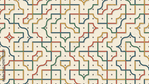 Retro geometric pattern background with colorful maze lines and dots