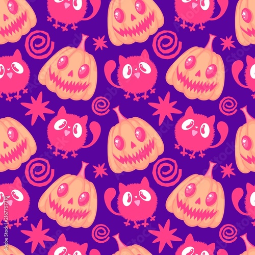 Autumn harvest vegetable seamless monster Halloween pumpkins pattern for wrapping paper and fabrics