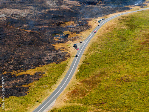 Canvas Print Charred remains of summer wildfire on moorland habitat, road acting as firebreak