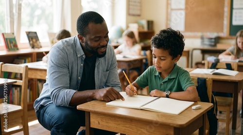 Black male teacher kneeling beside young schoolboy at wooden school desk, guiding boy with pencil over open blank notebook in sunny classroom with other students working
