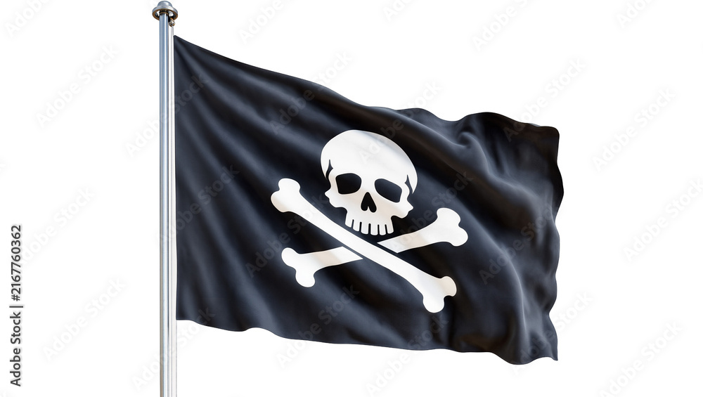 Fototapeta premium Black pirate flag with skull and crossbones, isolated on transparent background