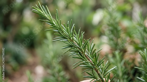 Fresh green rosemary sprig close-up with needle-like leaves, natural lighting and soft blurred garden background in vibrant botanical detail for culinary and herbal use