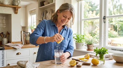 Smiling middle-aged woman squeezing fresh lemon juice into glass of water in bright home kitchen, citrus halves and herbs on counter