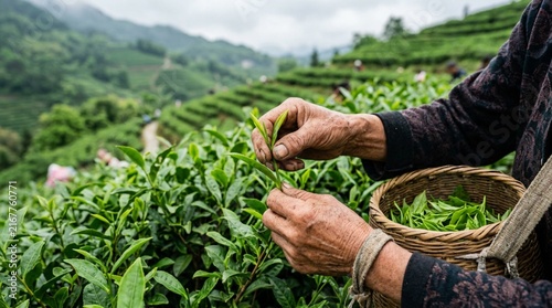 Close-up of weathered hands plucking tender young green tea leaves from a camellia sinensis bush with a woven bamboo basket on terraced hillside farm