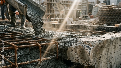 Close-up of wet gray concrete being poured over rusty reinforcing rebar grid at industrial construction site with sunlight rays, worker boots visible in background