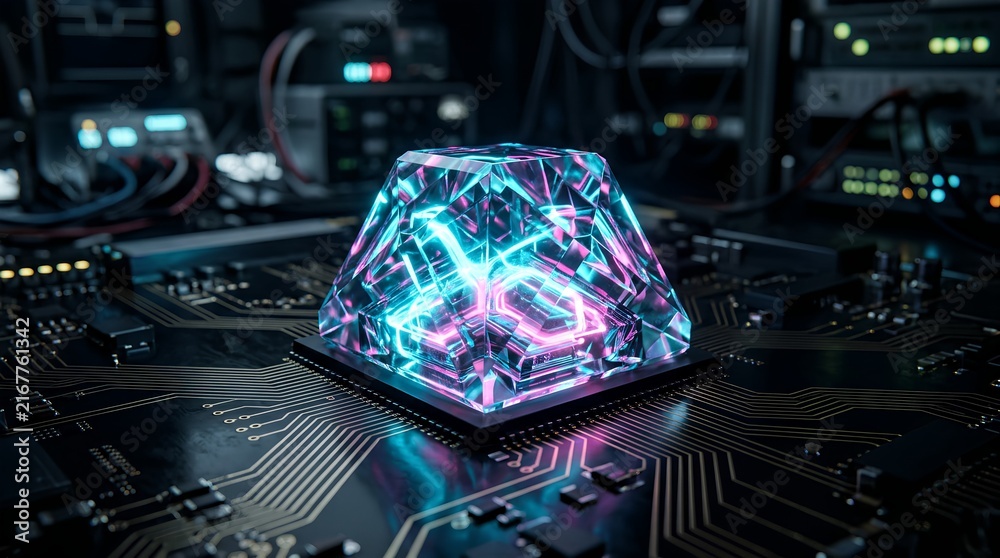 Fototapeta premium Futuristic faceted crystal processor glowing with internal cyan and magenta neon light on dark circuit board in high-tech environment