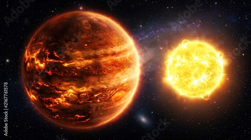 Massive fiery molten planet with glowing orange cracked surface orbiting close to a brilliant yellow star in deep cosmic space, dramatic science fiction digital illustration