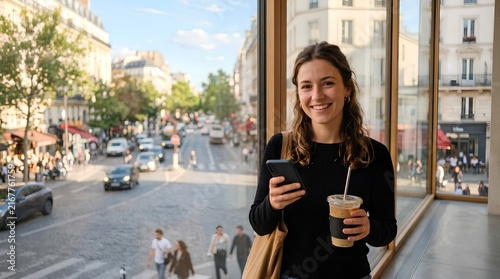 Smiling young woman in black top holding coffee and smartphone by Parisian window overlooking bustling sunlit boulevard with Haussmannian buildings