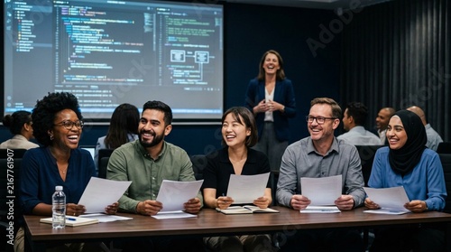 Diverse seated colleagues holding documents and smiling during a corporate technology training led by a confident female instructor presenting in front of projected code