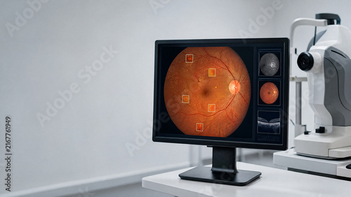 Retinal scan displayed on monitor in an ophthalmology clinic setting