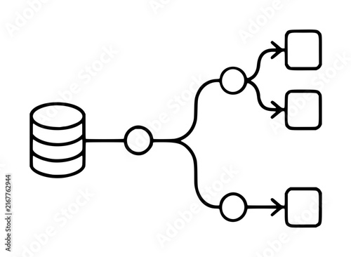 Принти на полотні Professional data lineage vector icon illustration depicting information flow from a database through network nodes and branching paths to multiple endpoints for technical documentation