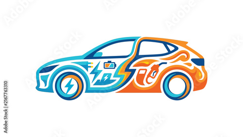 Hybrid car icon vector illustration featuring dual energy concept showing electric plug lightning power and traditional fuel gasoline pump engine.