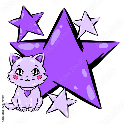 Anime kawaii cat with stars. Colorful cute print in cartoon style. Fashion illustration.