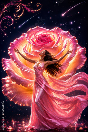 A radiant woman in a flowing pink gown stands before a glowing variegated rose beneath a star-filled sky, with shooting stars and elegant swirls creating a dreamy, romantic fantasy scene. At moonrise.