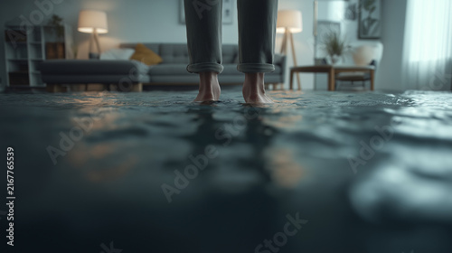 Person standing barefoot in water on floor