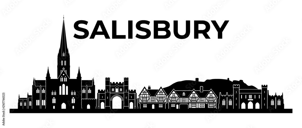 Naklejka premium Salisbury England City Skyline Silhouette, Minimalist Black Vector Landmark Illustration