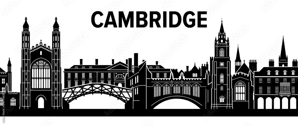 Obraz premium Cambridge England City Skyline Silhouette Illustration with Landmarks Isolated on White Background