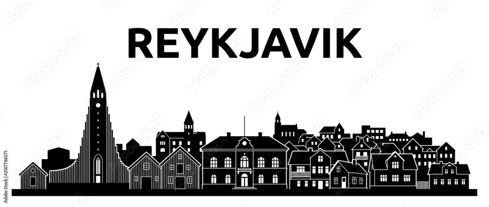 Naklejka premium Reykjavik Iceland Skyline Black Silhouette with City Name Isolated on White Background