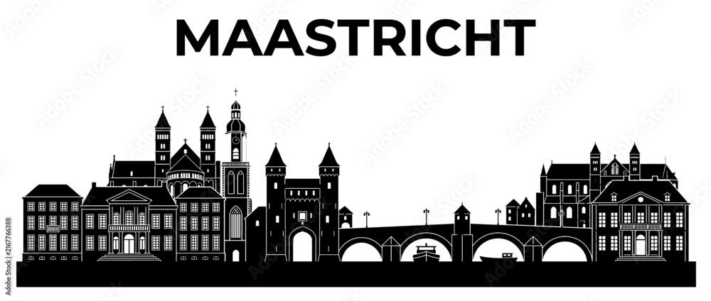 Fototapeta premium Maastricht Netherlands City Skyline Silhouette, Historic Landmarks Illustration on White Background