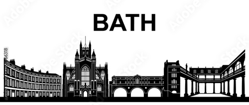 Bath City England Skyline Silhouette with Landmarks, Black and White Vector Illustration