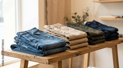 Neatly folded casual trousers and denim jeans arranged on a light wooden shelf, soft natural window light, warm neutral interior, minimalist clothing display