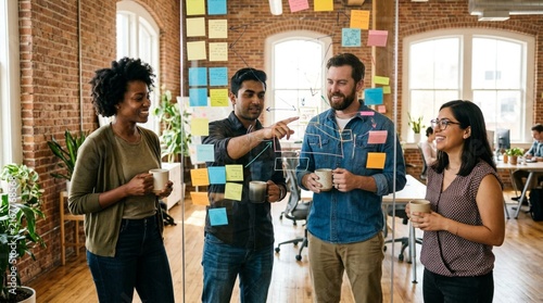 Diverse startup team brainstorming around sticky notes on glass wall in modern industrial loft office, holding coffee mugs, collaborative creative workplace culture