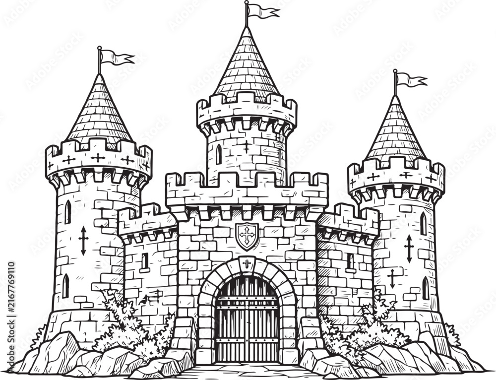 Fototapeta premium Black Fairy Tale Castle Fantasy Medieval Fortress Vector Illustration Isolated