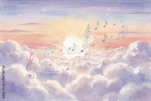 A radiant sunrise glows above lavender clouds as a flowing musical staff spirals through the sky. Colorful notes drift in soft watercolor hues, blending melody with light. The composition feels like dawn singing its first song, where harmony rises with the sun and music paints the heavens in pastel brilliance. AI generated