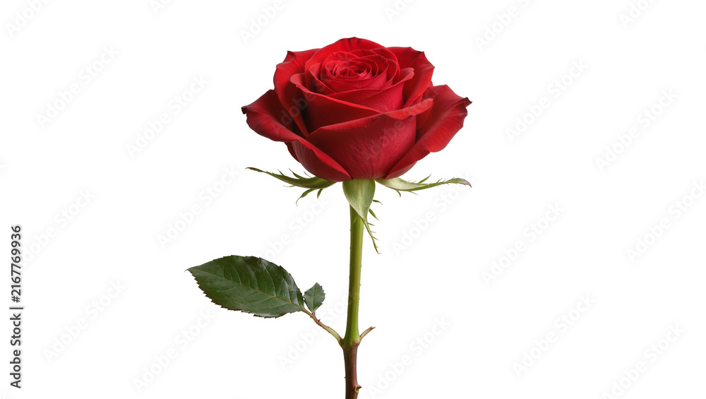 Fototapeta premium Single deep red rose with green stem and leaf, isolated on transparent background