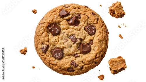 Canvas Print Round chocolate chip cookie with chunks of dark chocolate, isolated on transpare