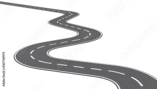 Fotografie Winding asphalt road with white dashed lines, isolated on transparent background