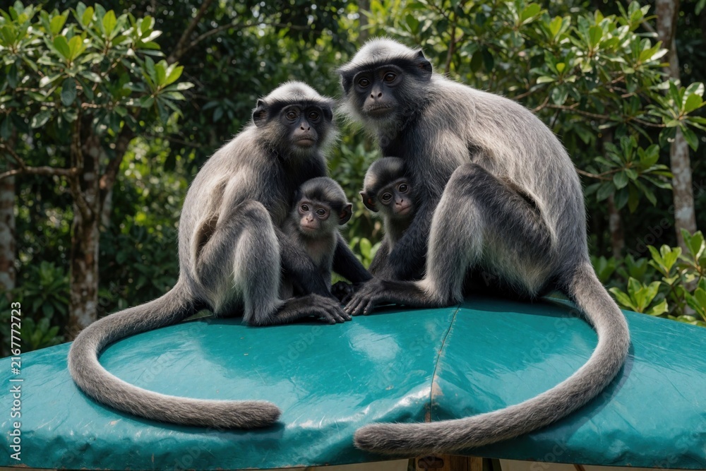 Naklejka premium Silvery langur family with babies sit together on green surface. Parents protect young primates in natural jungle habitat. Monkey troop shows social bond and care.