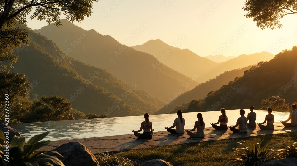 Naklejka premium Simulated iconic AI visual displays wide, serene pool seemingly floating among nature with nesters settled in lotus seated meditation postures along edge of infinity pool, morning sun, warm caressing