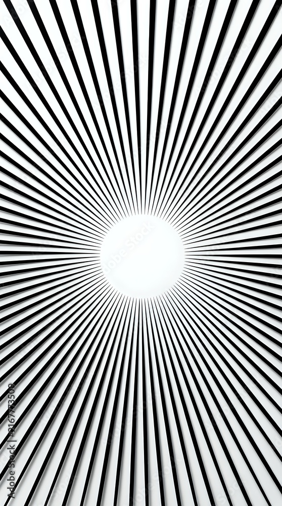 Fototapeta premium Radial black lines converge toward white center circle, creating