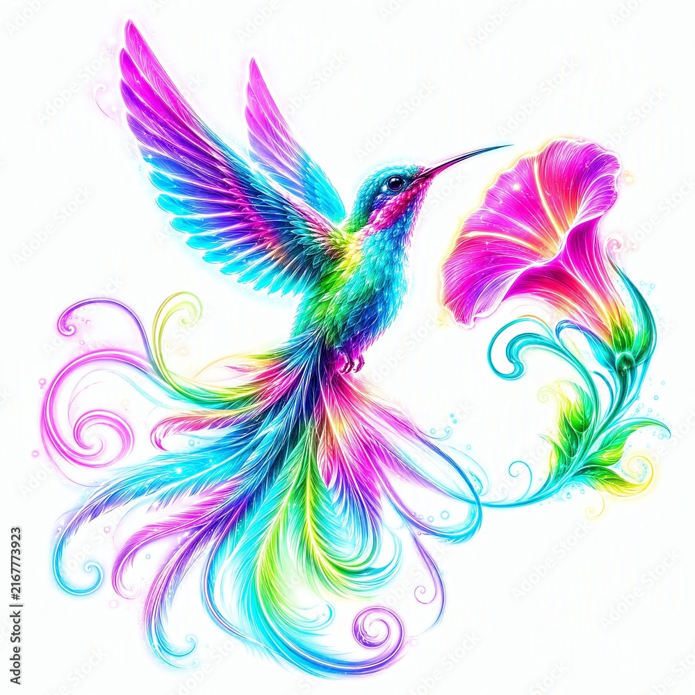 Fototapeta premium Neon Hummingbird Ascending Flight, Tail Feathers Fanned Open