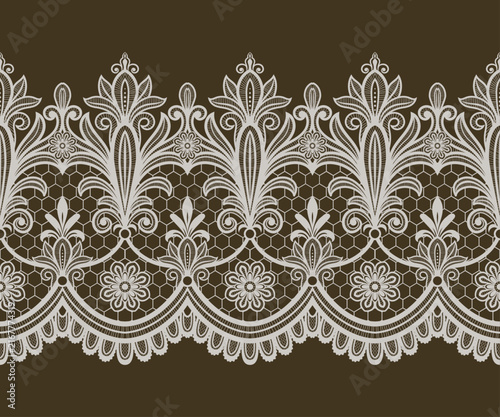 Lace pattern border Floral embroidery trim with detailed flower design, ornate texture. Elegant vintage ribbon illustration. Delicate botanical element for wedding, scrapbooking, collages.