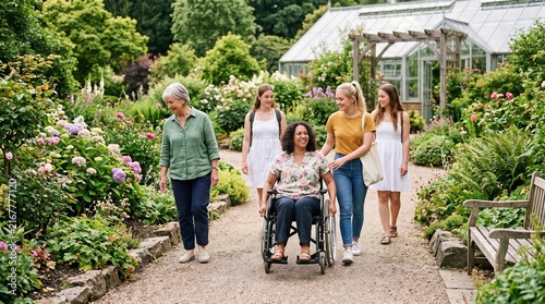 Diverse group of women enjoying a sunny day walking through a beautiful botanical garden with a greenhouse