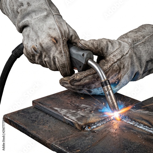 A close-up shot of a welder's gloved hands skillfully guiding a welding torch, sparks flying as metal is fused together