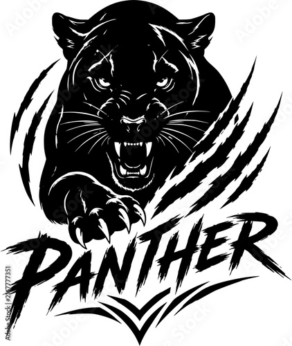 Fierce Black Panther Head Wildlife Black and White Illustration
