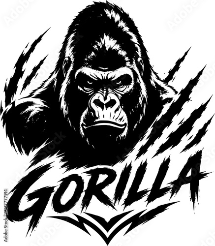 Fierce Gorilla Head Wildlife Black and White Line Art