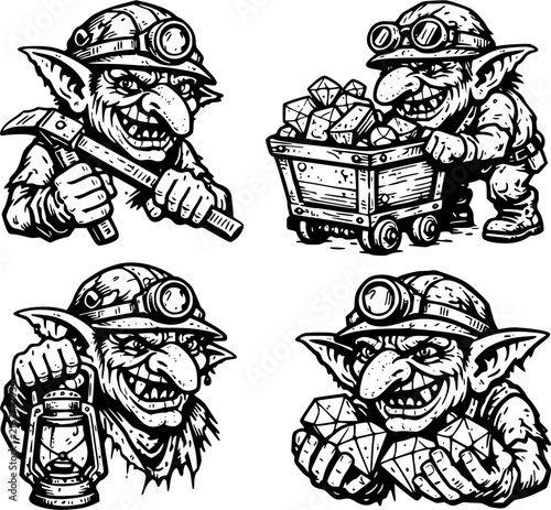 Cartoon Coal Miners Working in a Mine with Mining Cart